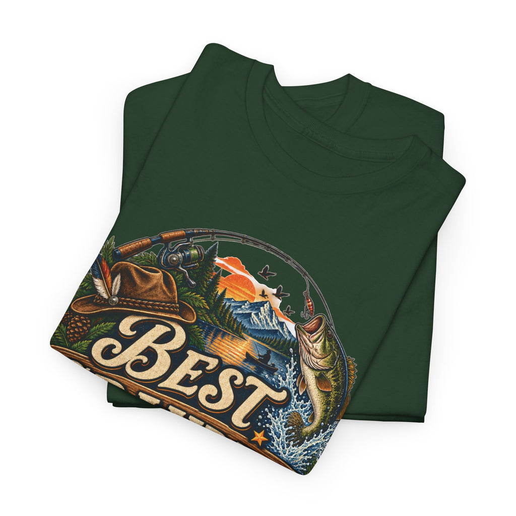 Folded forest green Best Grandpa Ever t-shirt showing the vintage fishing graphic in close-up