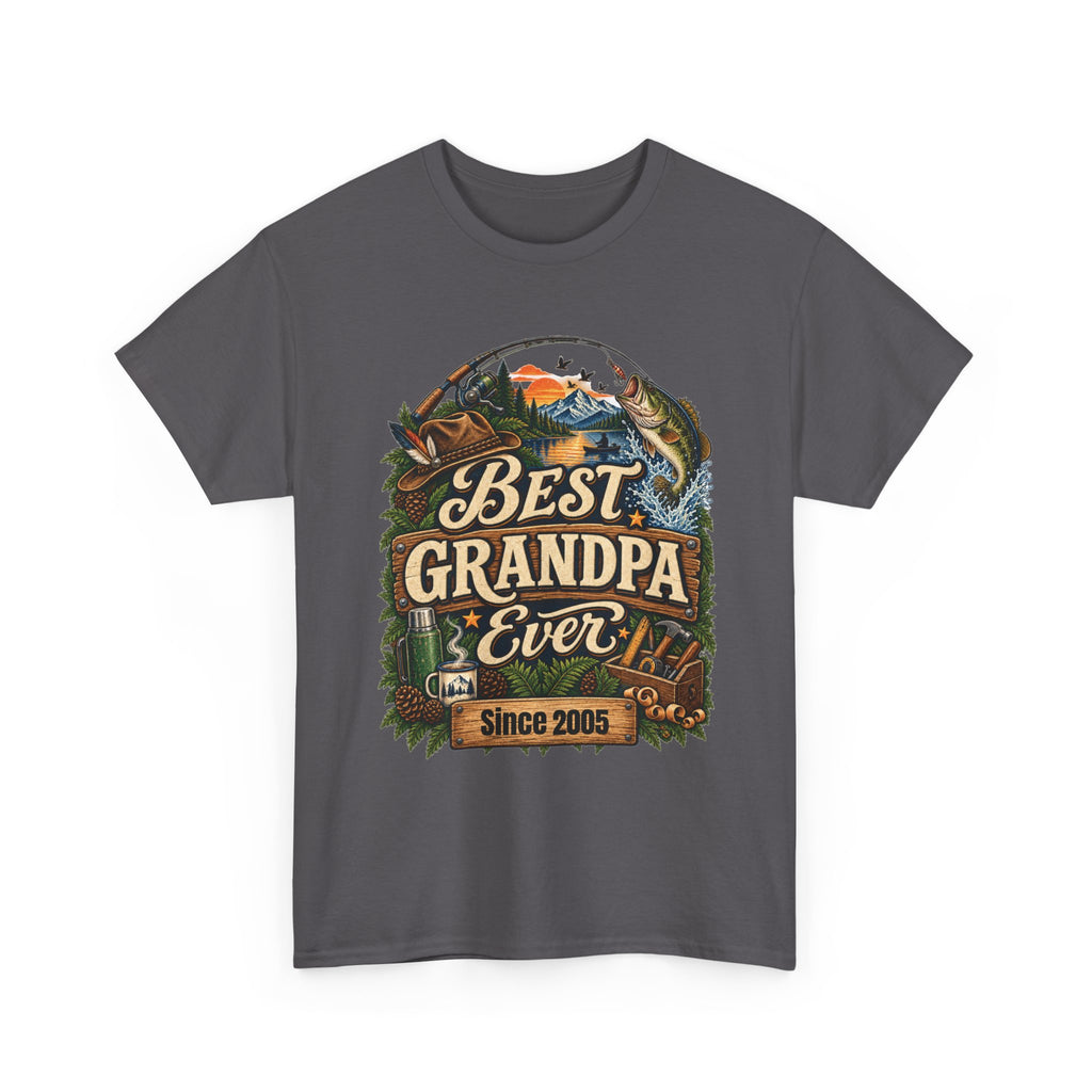 Charcoal grey Best Grandpa Ever t-shirt with vintage fishing and mountain emblem, front view