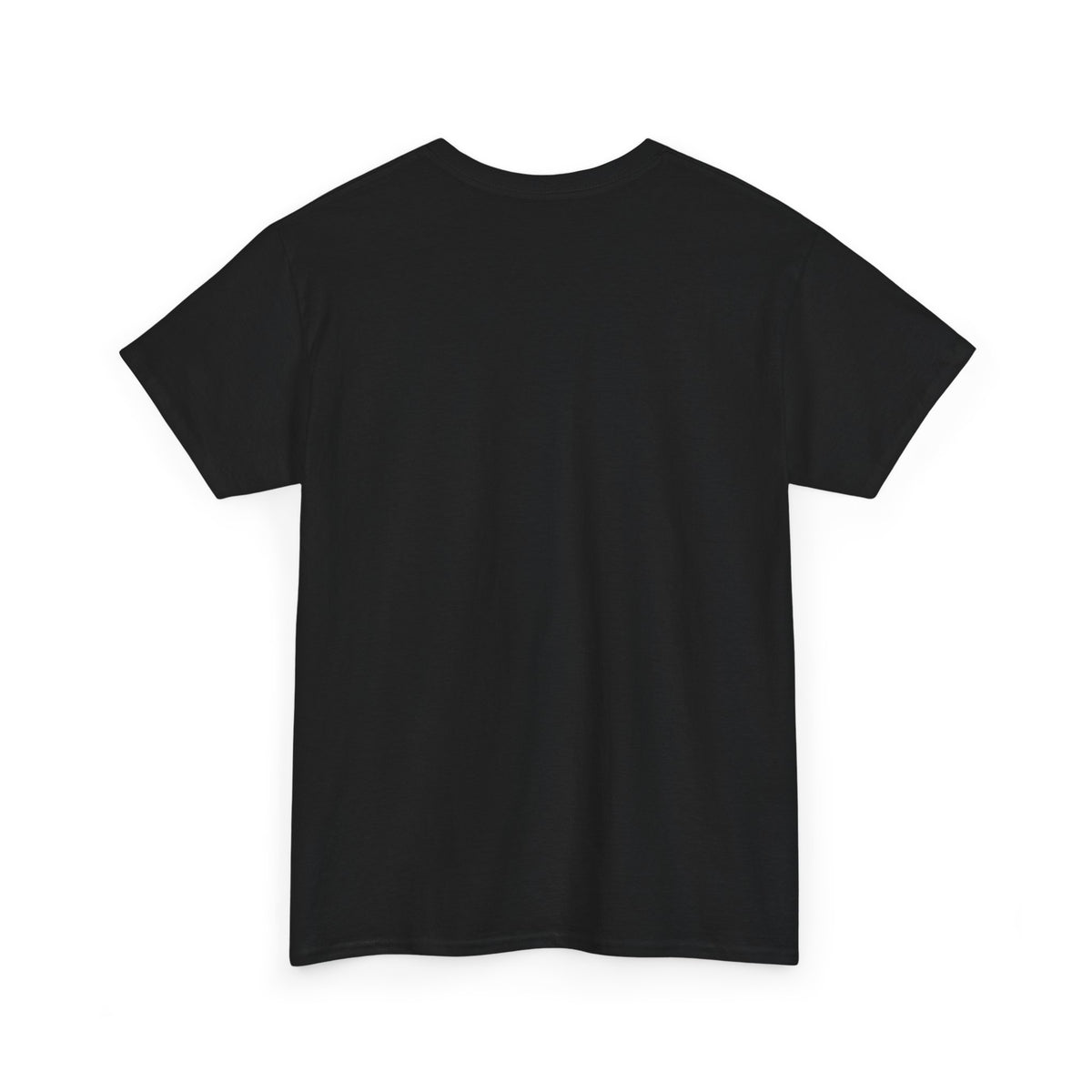 Plain black cotton crewneck t-shirt shown flat on a white background