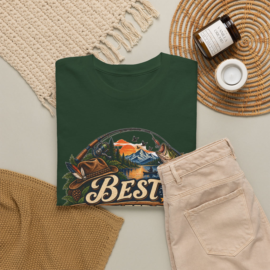 Forest green Best Grandpa Ever t-shirt folded in a flat lay with a coffee mug and beige shorts