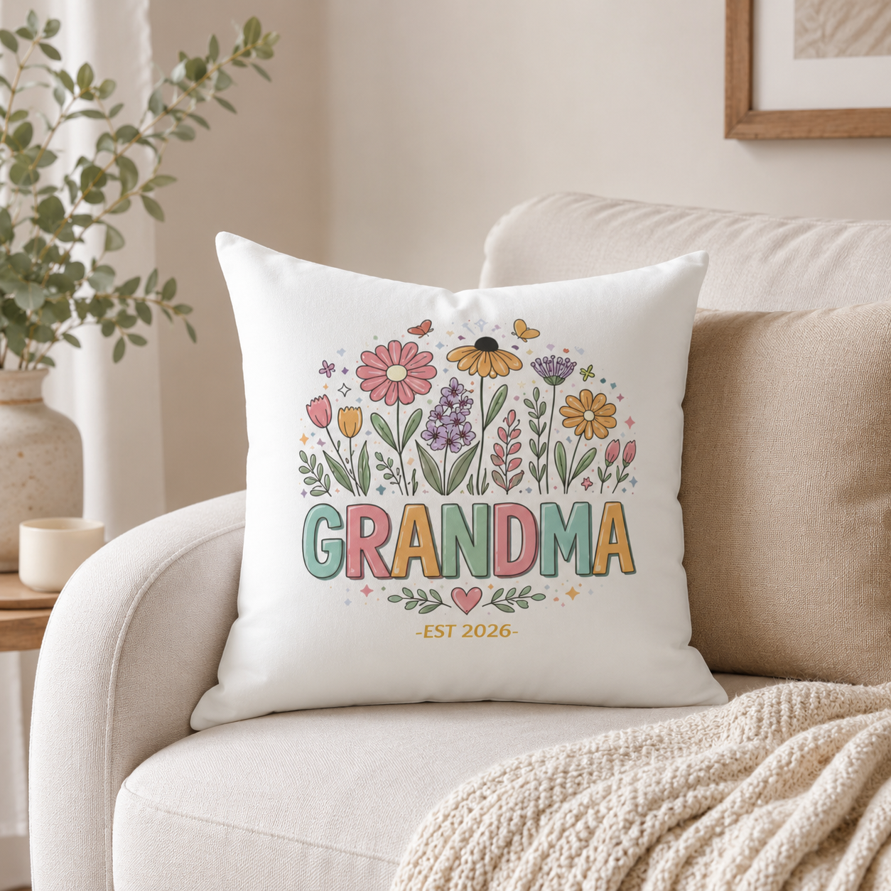 Grandma EST Personalized Pillow – New Grandma Floral Gift