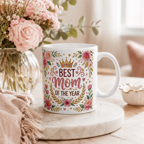 A white ceramic mug with a colorful floral design and the text 'BEST Mom OF THE YEAR' in pink and brown lettering, styled on a marble tray with pink flowers and a throw blanket in the background.