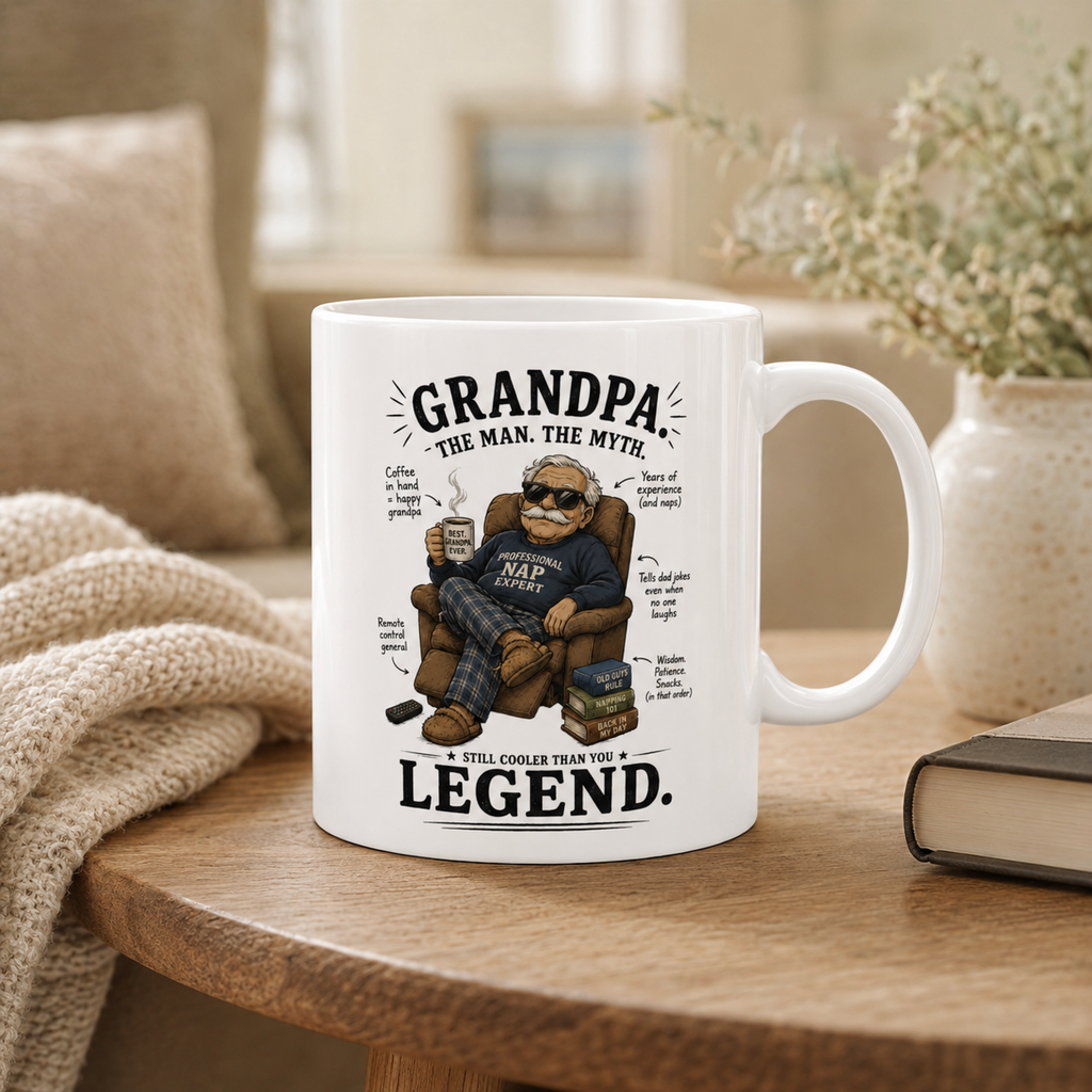 A white ceramic mug with a humorous cartoon illustration of a grandpa reading a newspaper, surrounded by text that reads 'GRANDPA THE MAN THE MYTH' and 'LEGEND.' The mug is placed on a wooden table in a cozy, softly lit room with a knit blanket, vase, and book in the background.