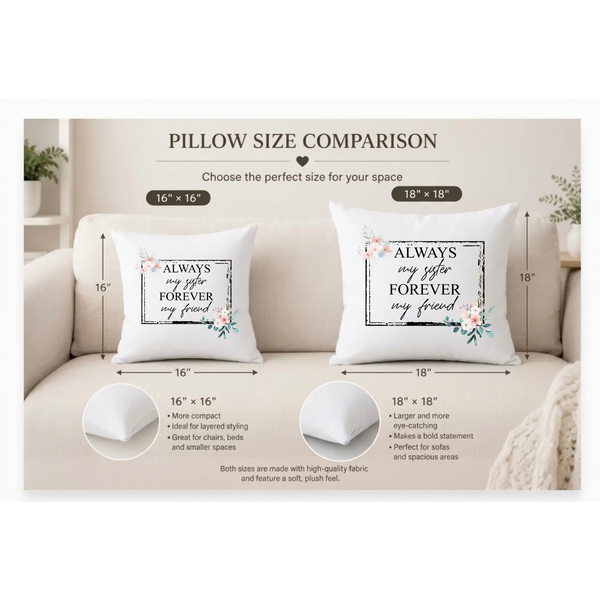 Sister pillow size guide 16x16 option
