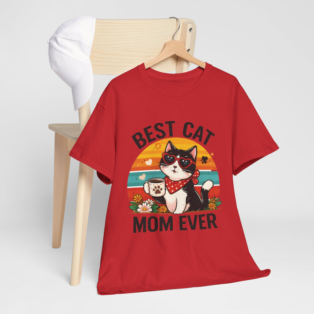 Red Best Cat Mom Ever t-shirt hanging on a wooden hanger