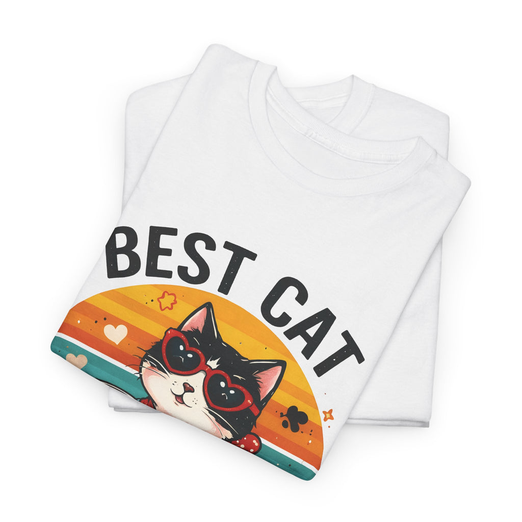 White Best Cat Mom Ever t-shirt folded to show the retro cat print