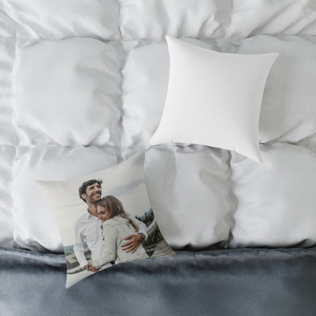 Custom photo pillow in living room setting — personalized picture cushion gift