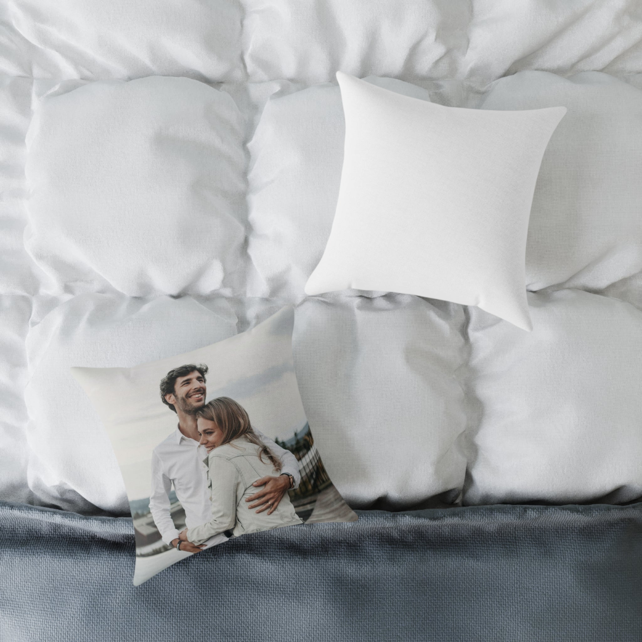 Custom photo pillow in living room setting — personalized picture cushion gift