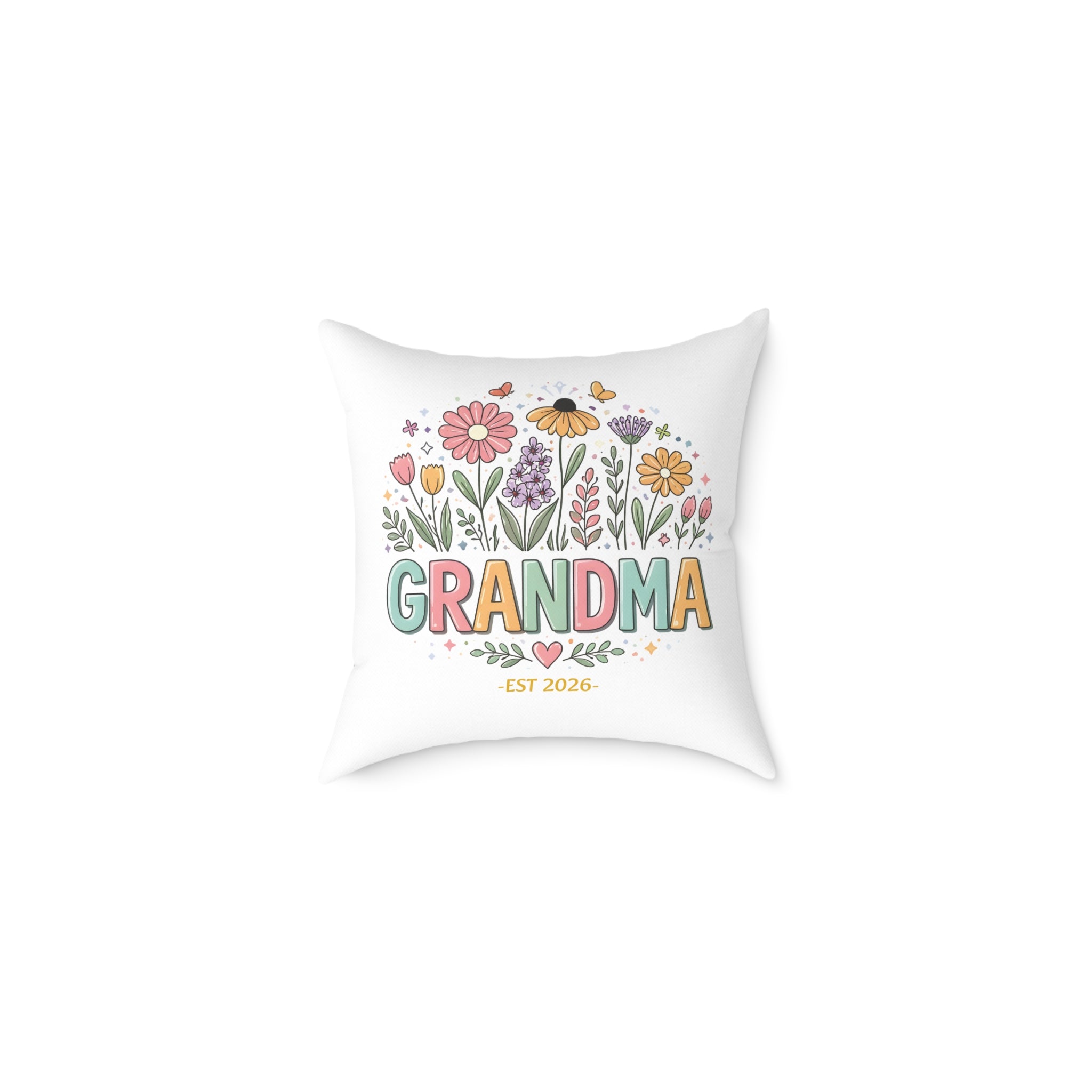 Grandma EST 2026 pillow with pastel wildflower botanical design — main product shot