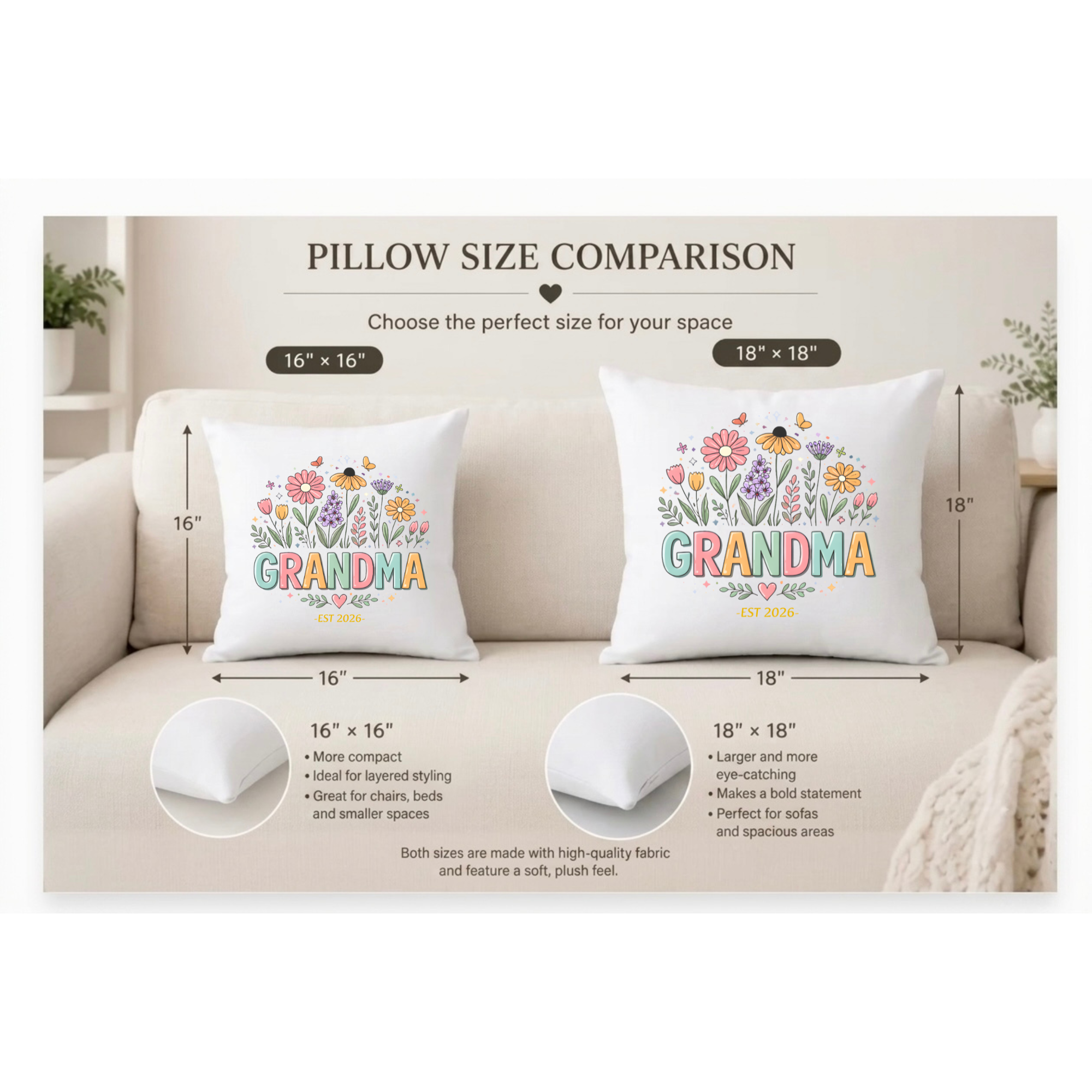 Grandma EST Personalized Pillow – New Grandma Floral Gift