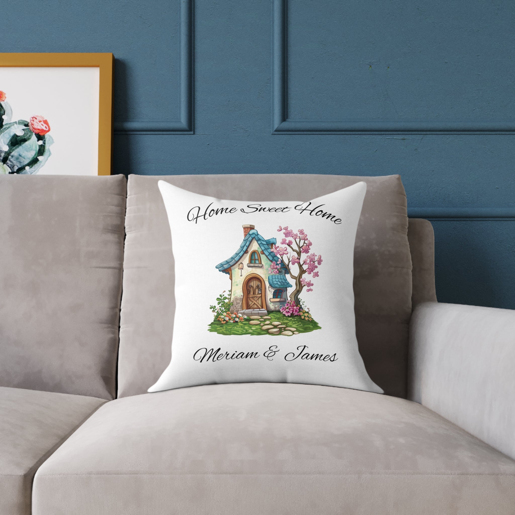 Home Sweet Home couples pillow styled on a couch — housewarming gift for new home
