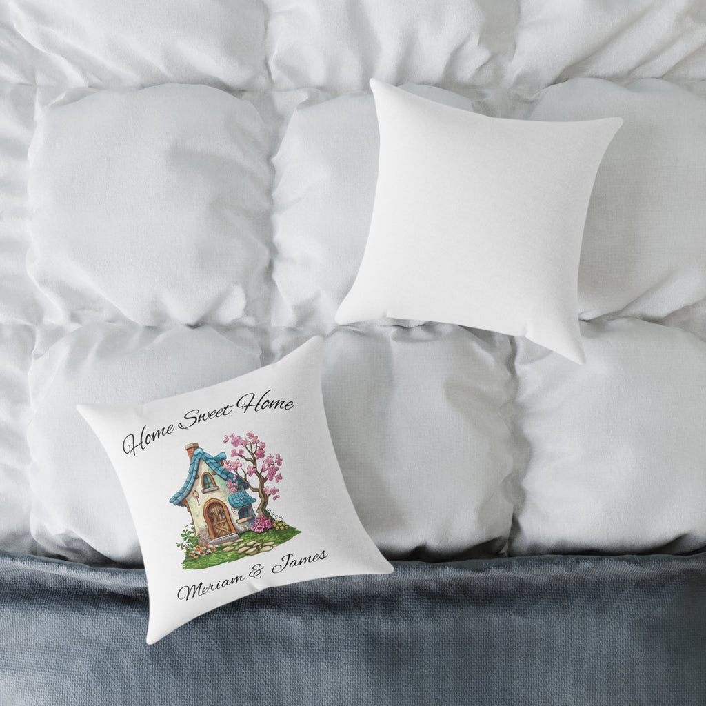 Home Sweet Home pillow close-up showing personalized couple names and cottage illustration detail