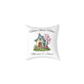 Home Sweet Home personalized couples pillow with whimsical cottage illustration and cherry blossoms — main product shot
