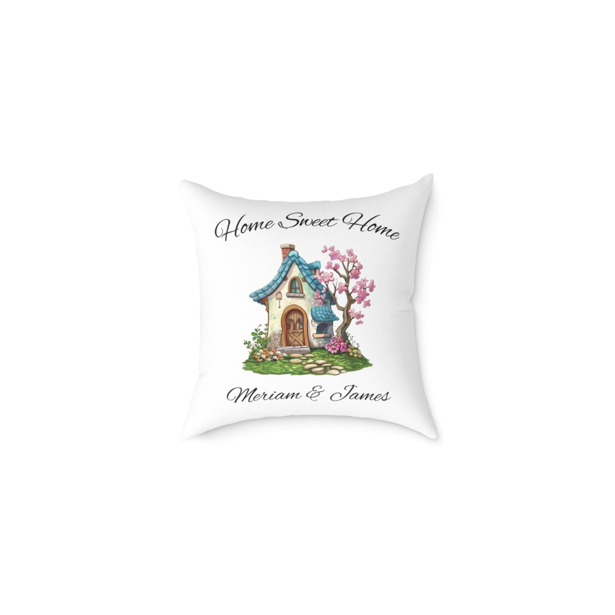 Home Sweet Home personalized couples pillow with whimsical cottage illustration and cherry blossoms — main product shot