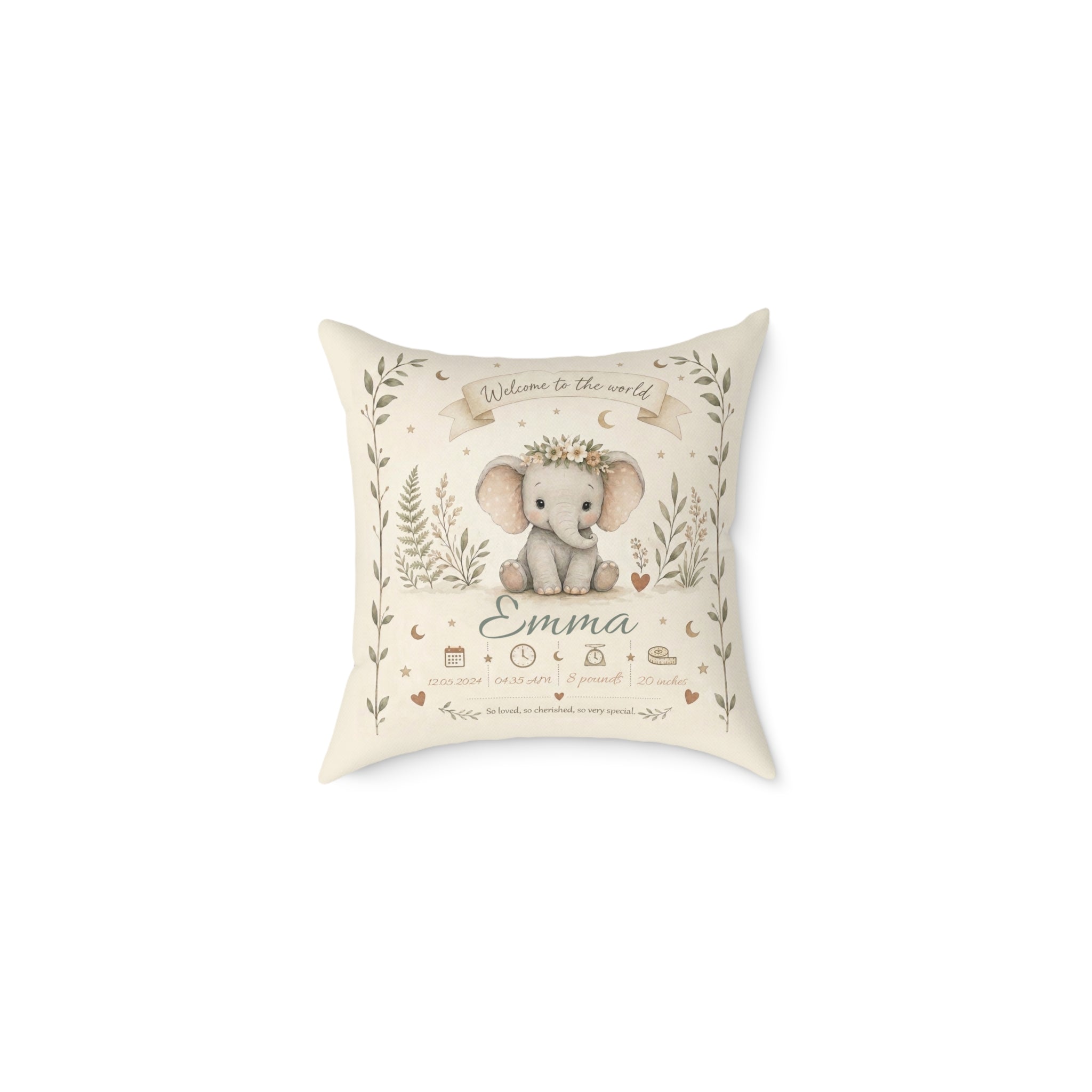 Personalized baby birth stats pillow with boho elephant design and custom name