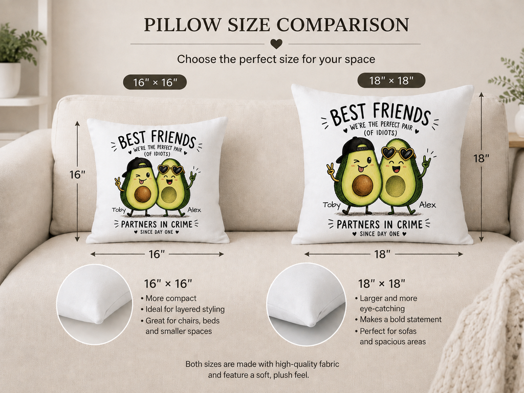 Personalized best friends avocado pillow in home setting – perfect BFF birthday gift