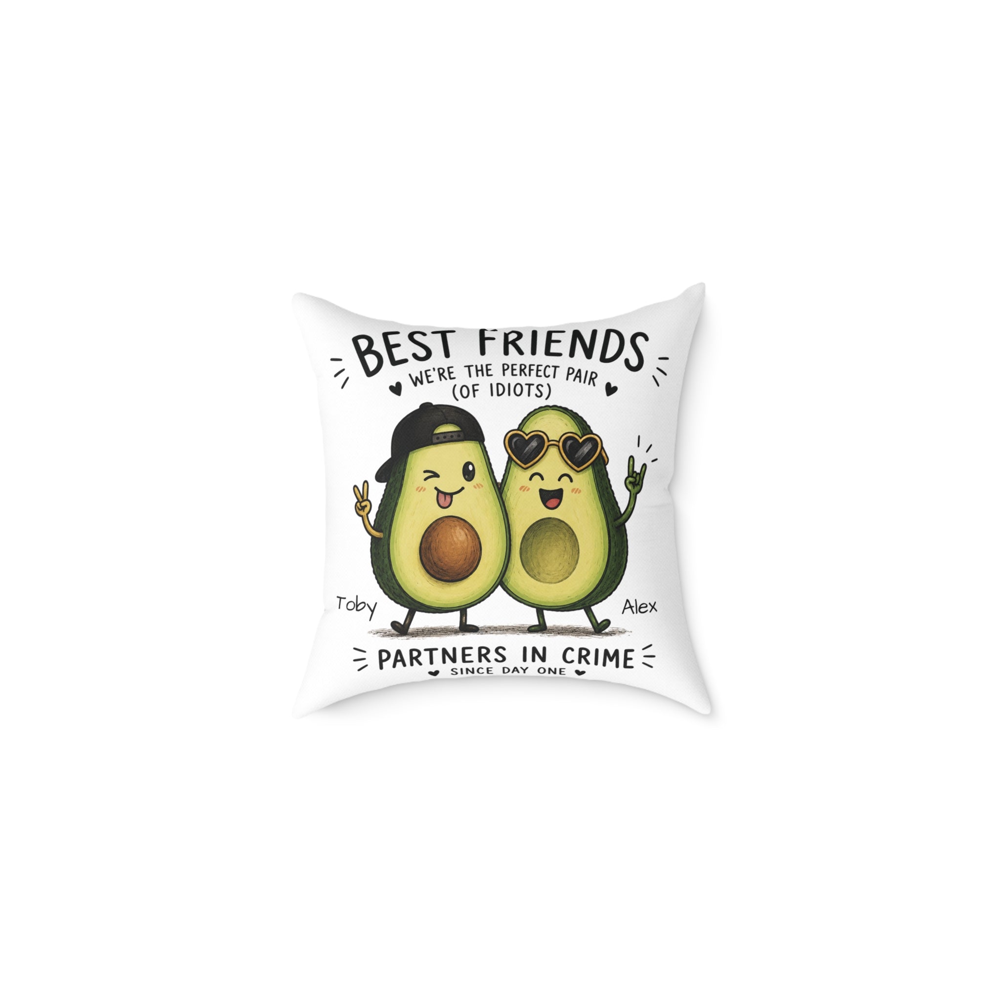 Personalized best friends avocado pillow with custom names Toby and Alex