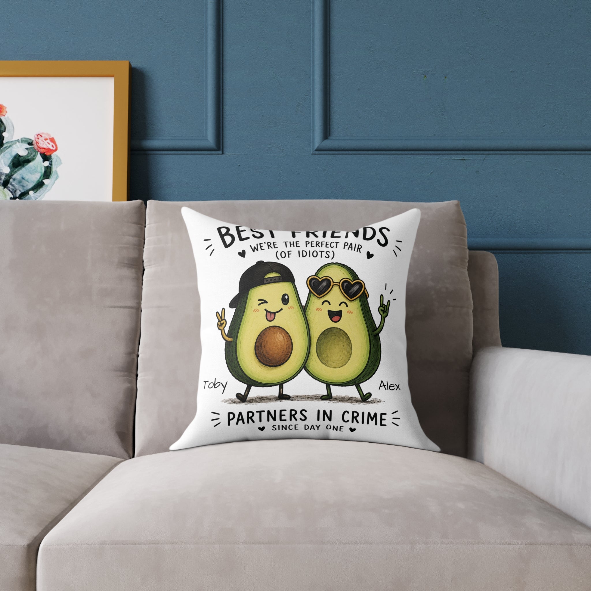 Personalized partners in crime pillow on sofa – funny best friend gift