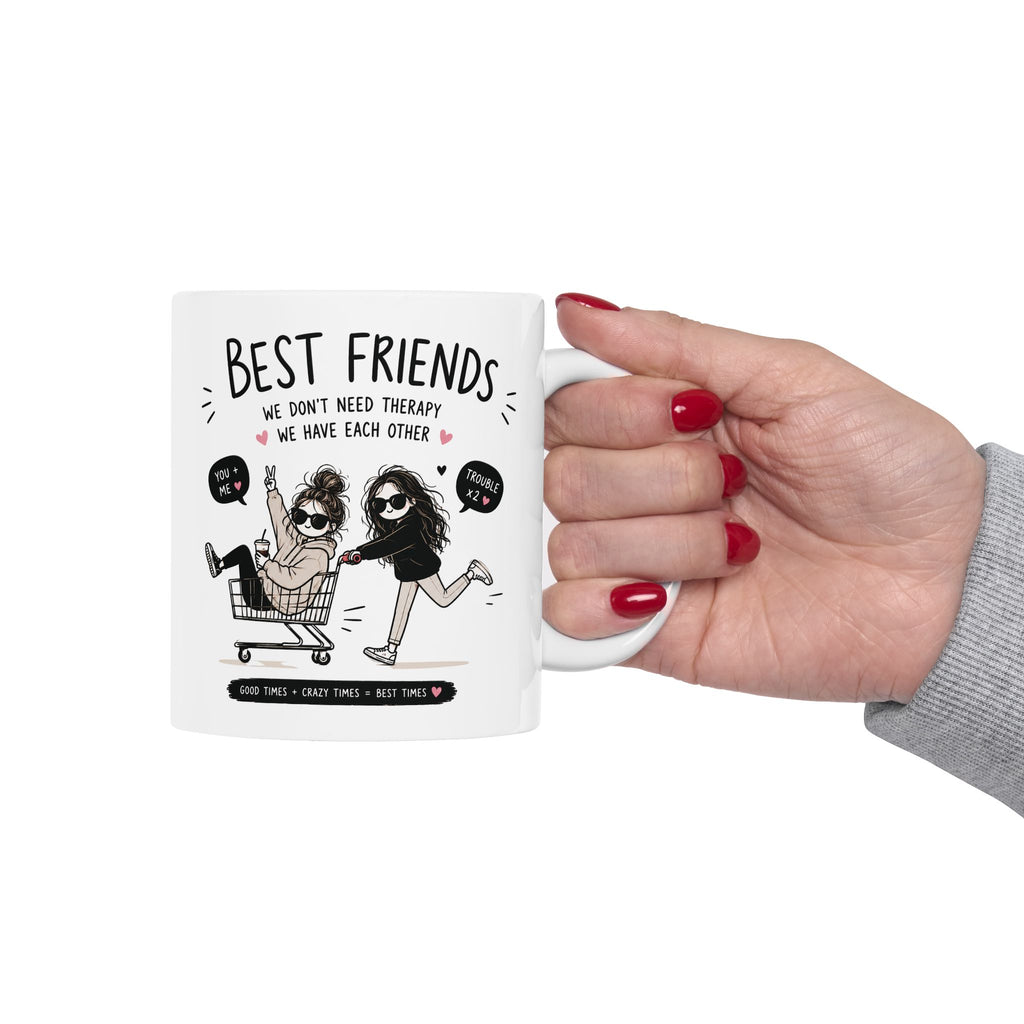 Best friends shopping cart mug angle shot – custom names friendship gift