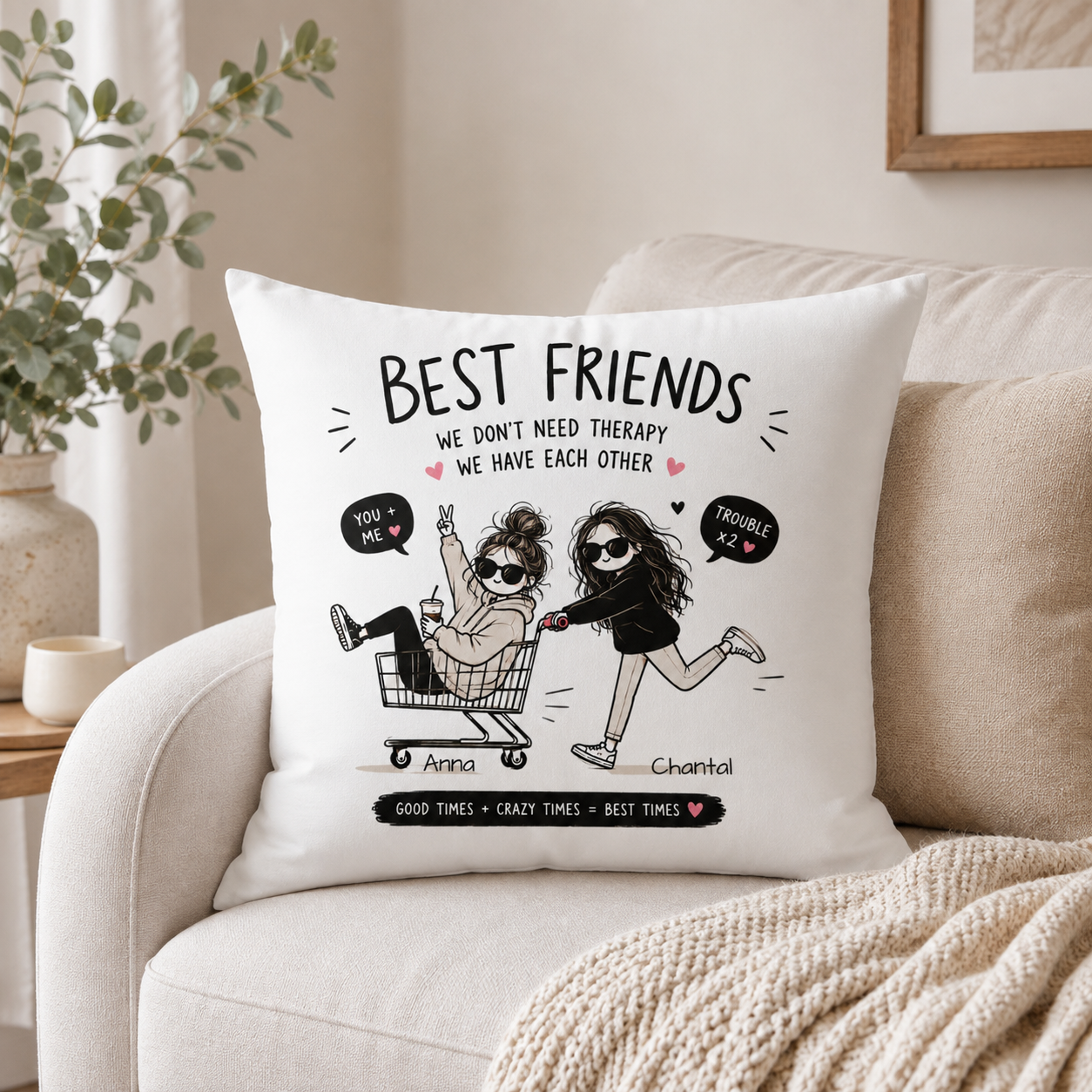 Funny BFF pillow with shopping cart illustration and bold best friends typography