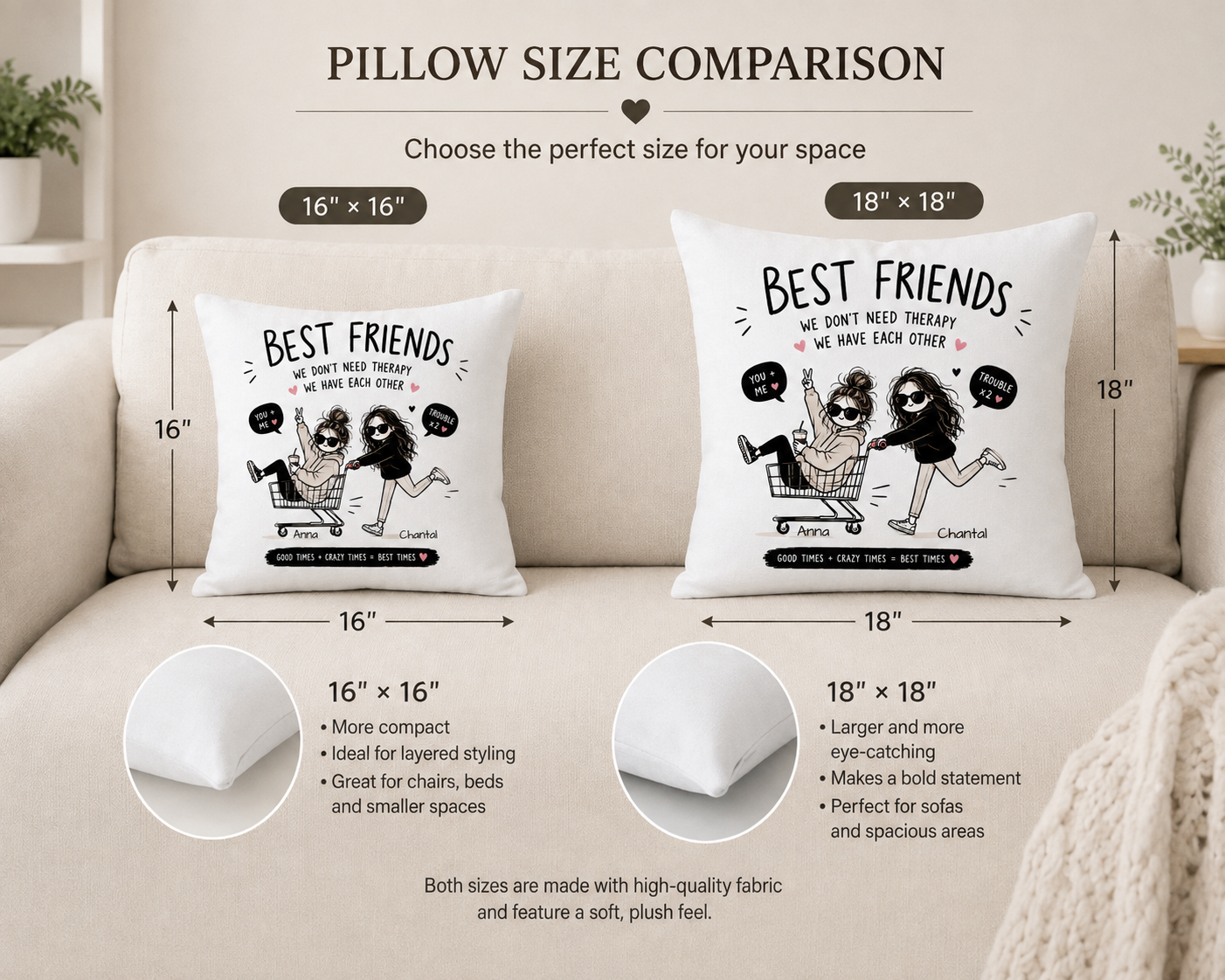 Personalized best friends pillow in home setting – perfect birthday gift for BFF