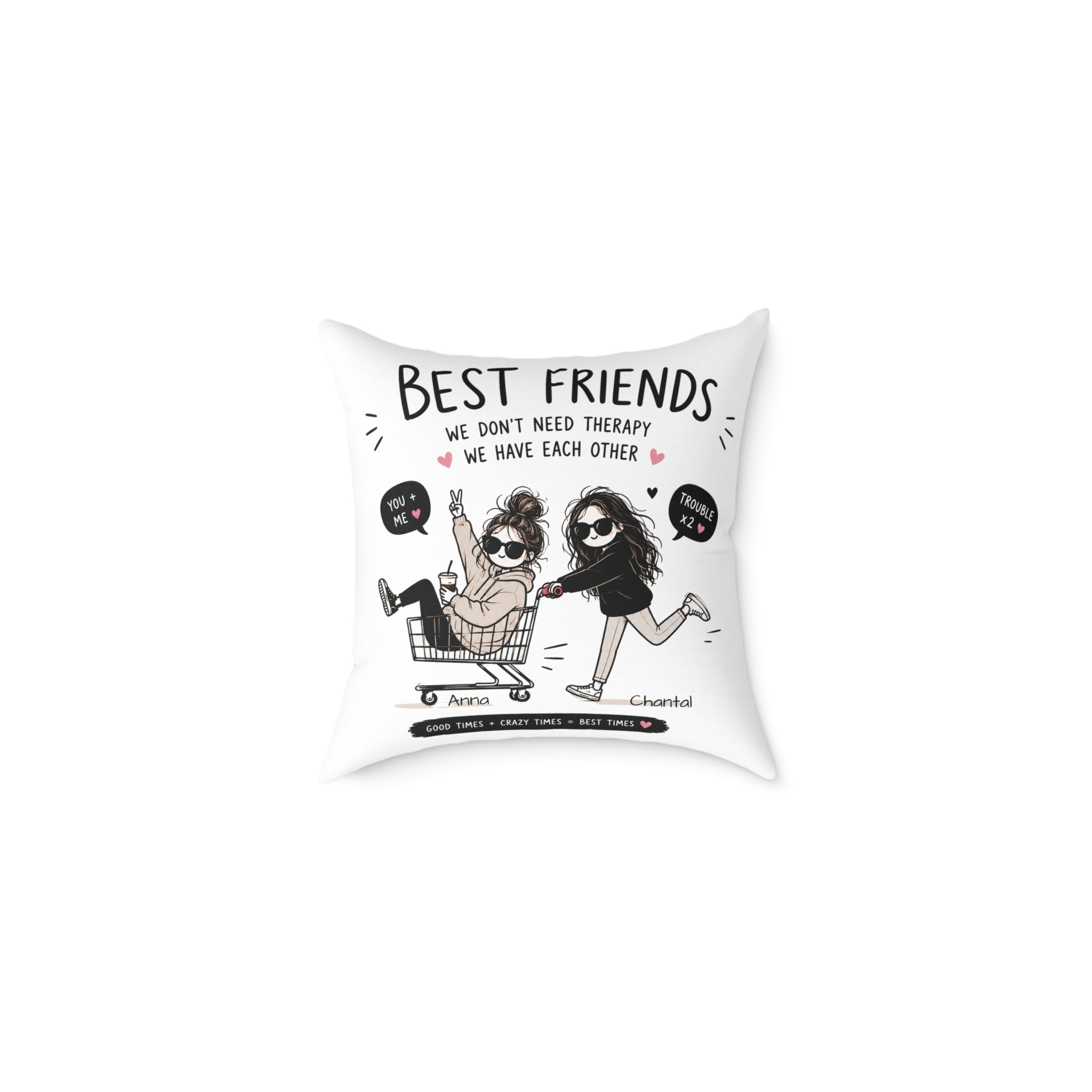 Personalized best friends shopping cart pillow with custom names Anna and Chantal