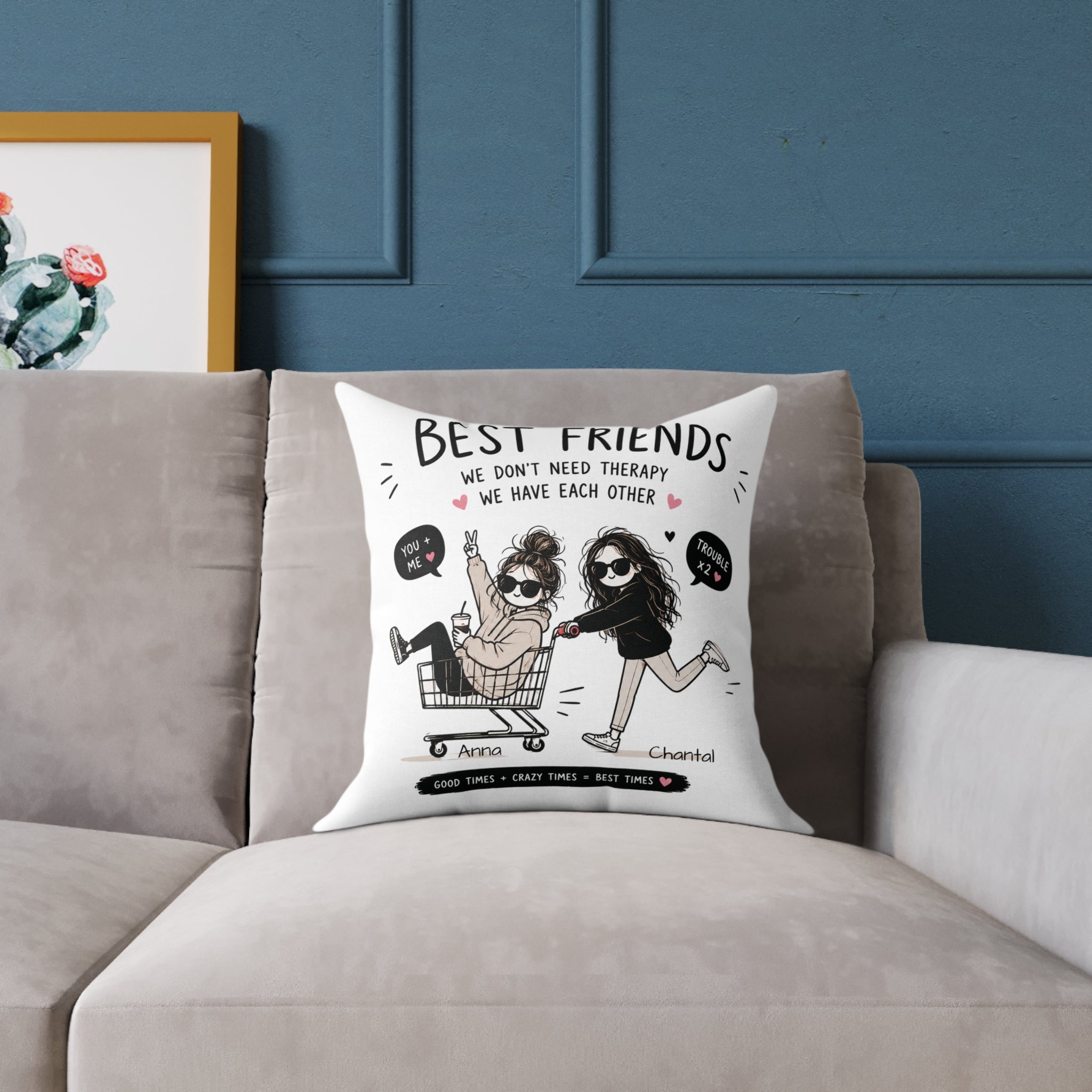 Funny best friend gift pillow on sofa – personalized with two names