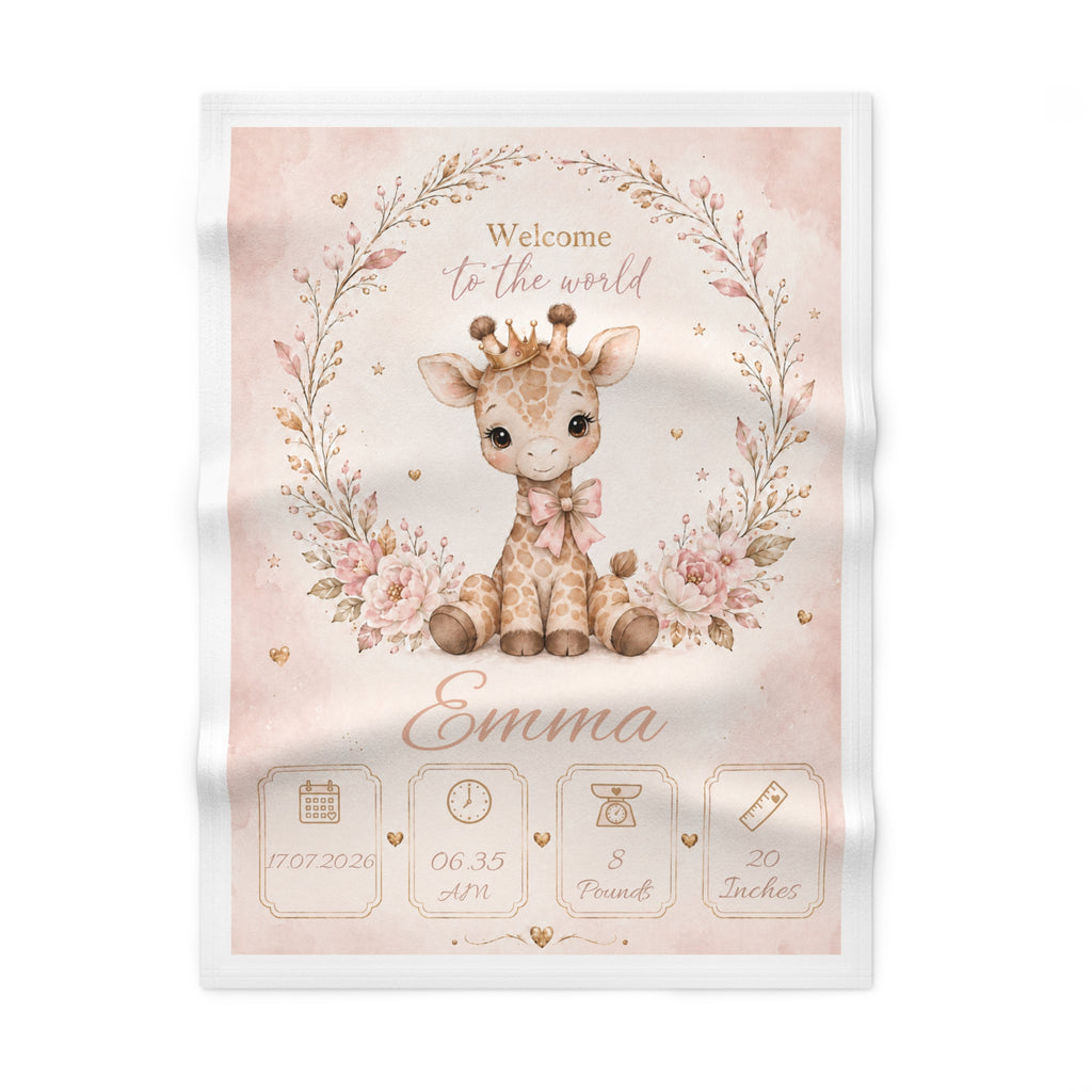 Personalized baby blanket with a pink watercolour giraffe, floral wreath and the baby's name and birth stats