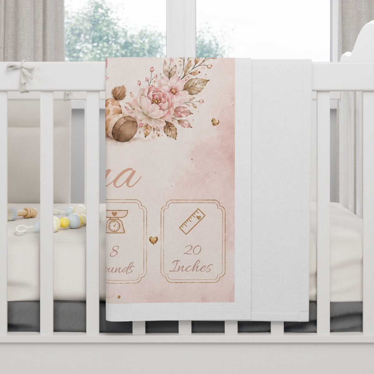 Size overview of the 30 by 40 inch personalized pink giraffe fleece baby blanket