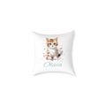 Personalized kitten name pillow with watercolour tabby cat and teal script — main product shot