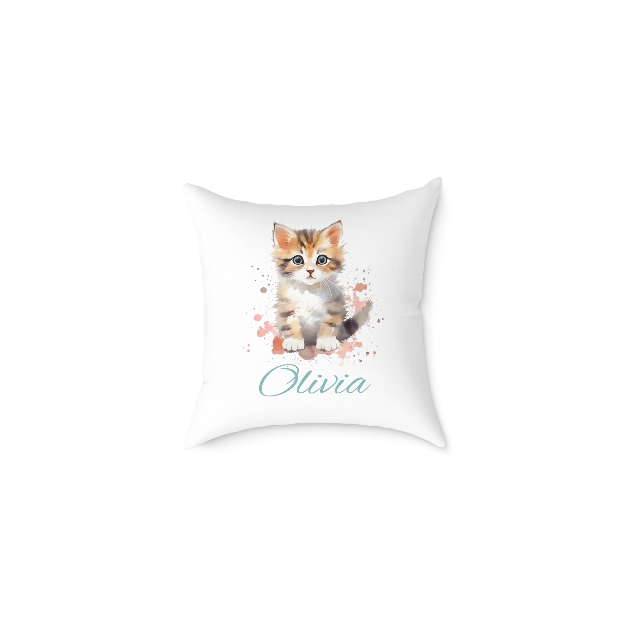 Personalized kitten name pillow with watercolour tabby cat and teal script — main product shot