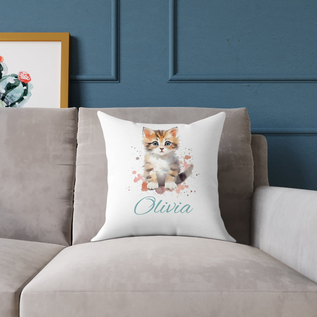 Cute kitten name pillow styled on a child's bed — personalized birthday gift for girls