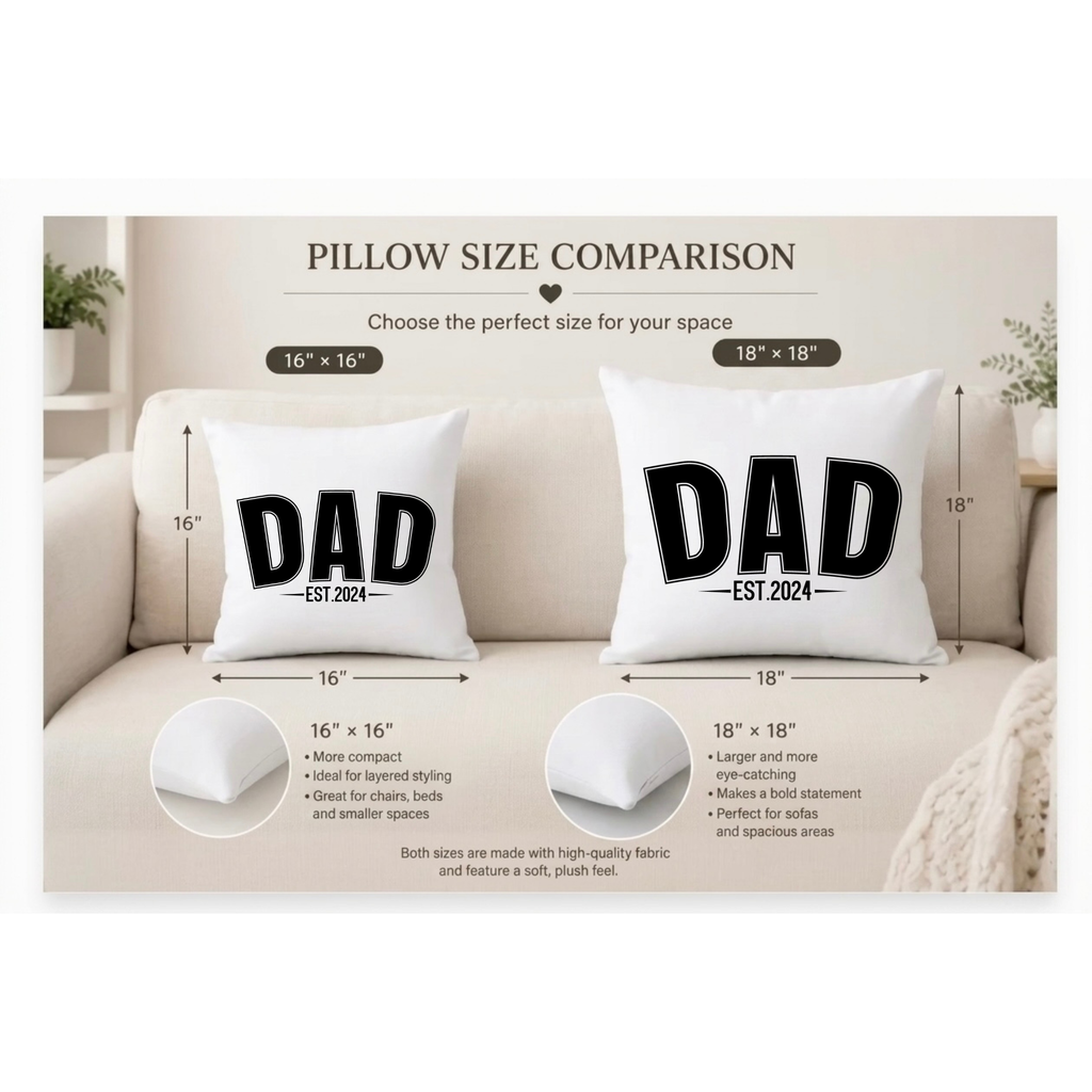 MAMA EST pillow size guide showing 16x16 option