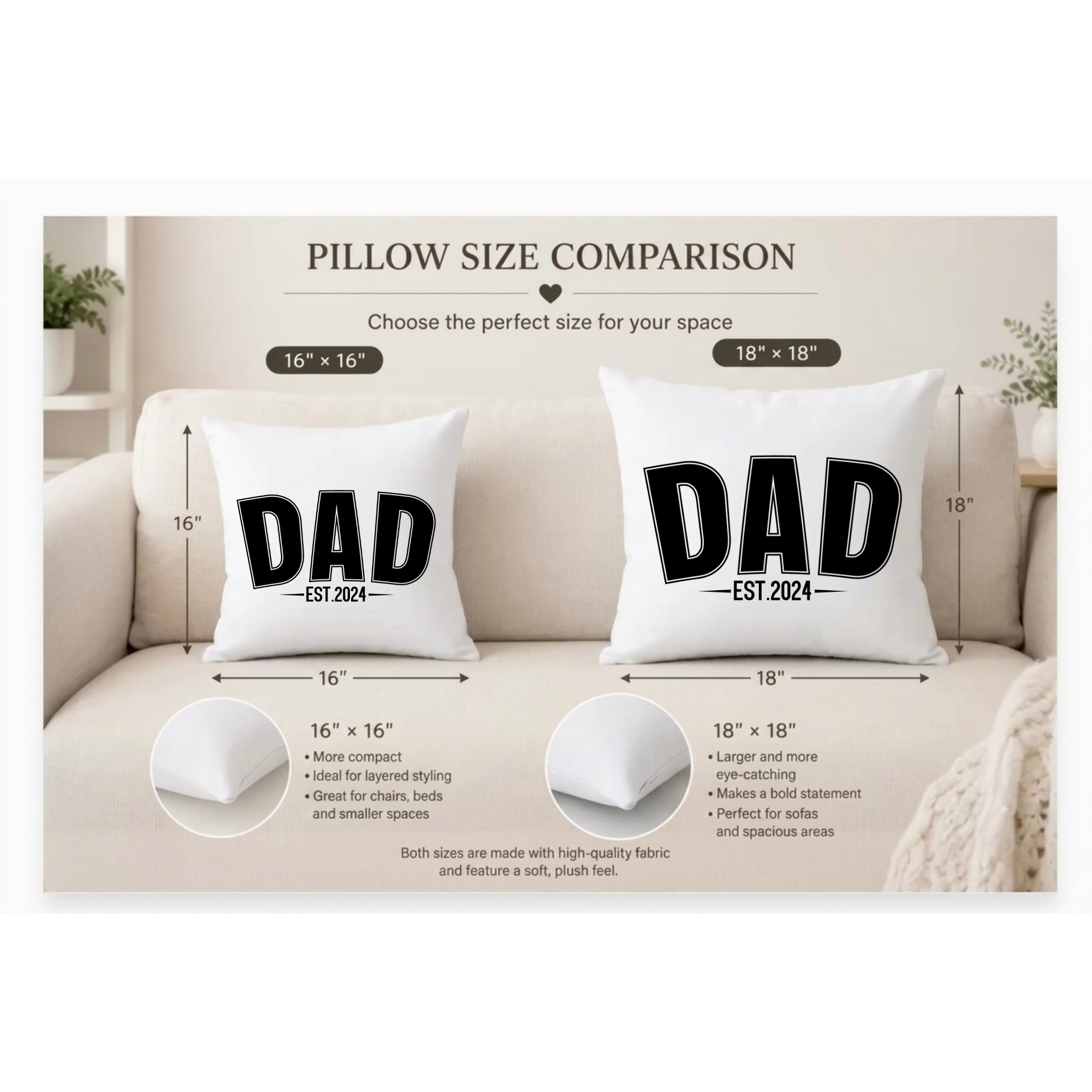 MAMA EST pillow size guide showing 16x16 option