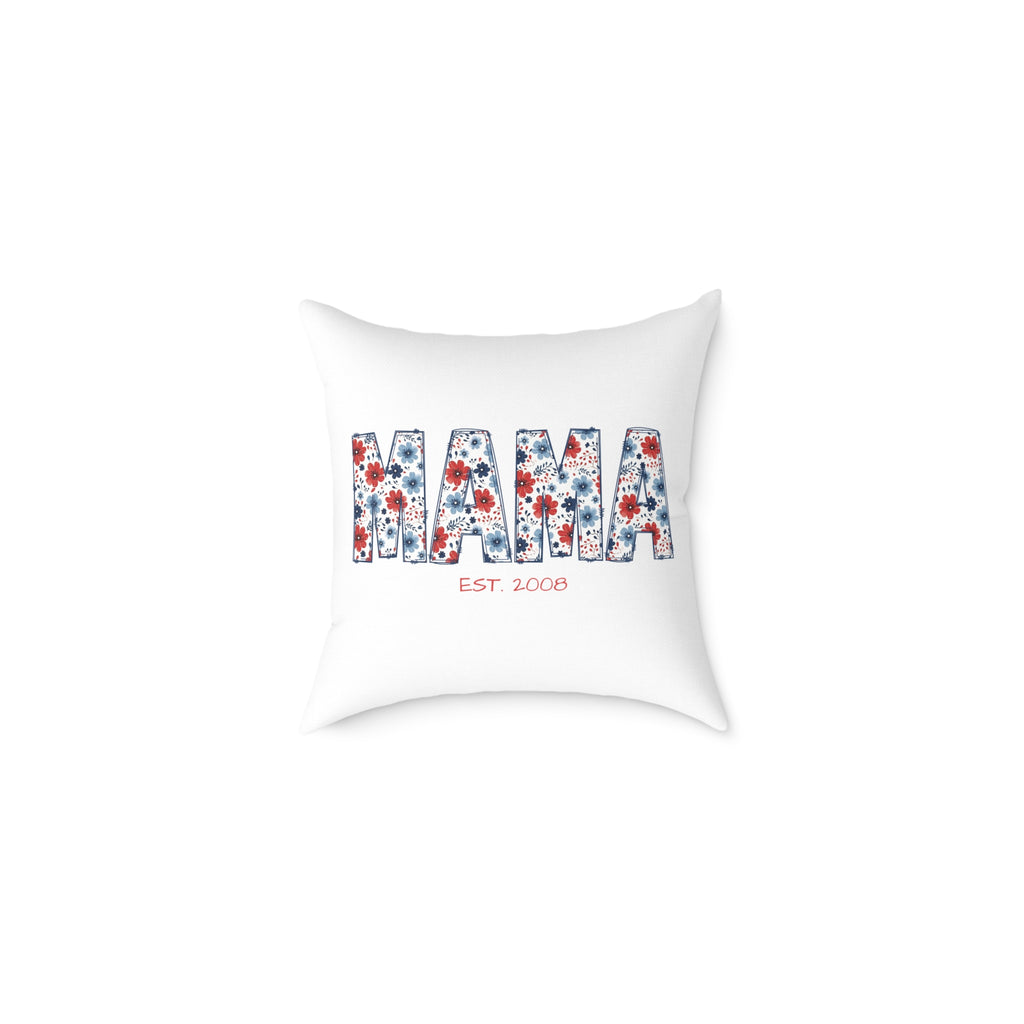 Personalized MAMA EST pillow with bold floral lettering on white background
