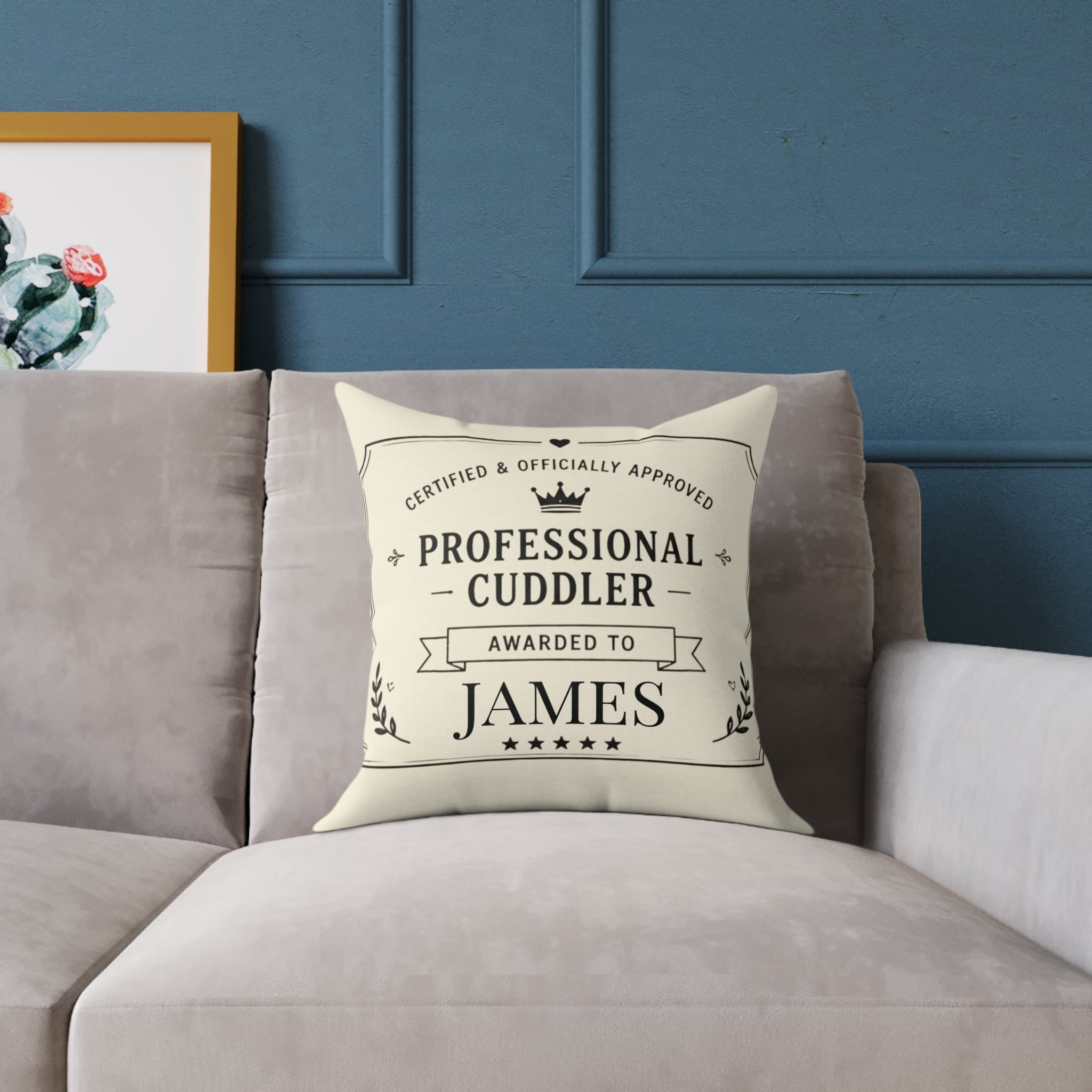 Professional cuddler personalized pillow close-up of name and crown badge