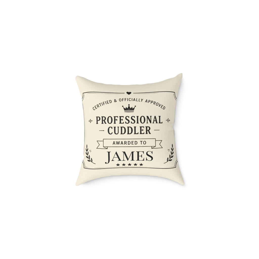 Personalized professional cuddler pillow with custom name on cream badge design