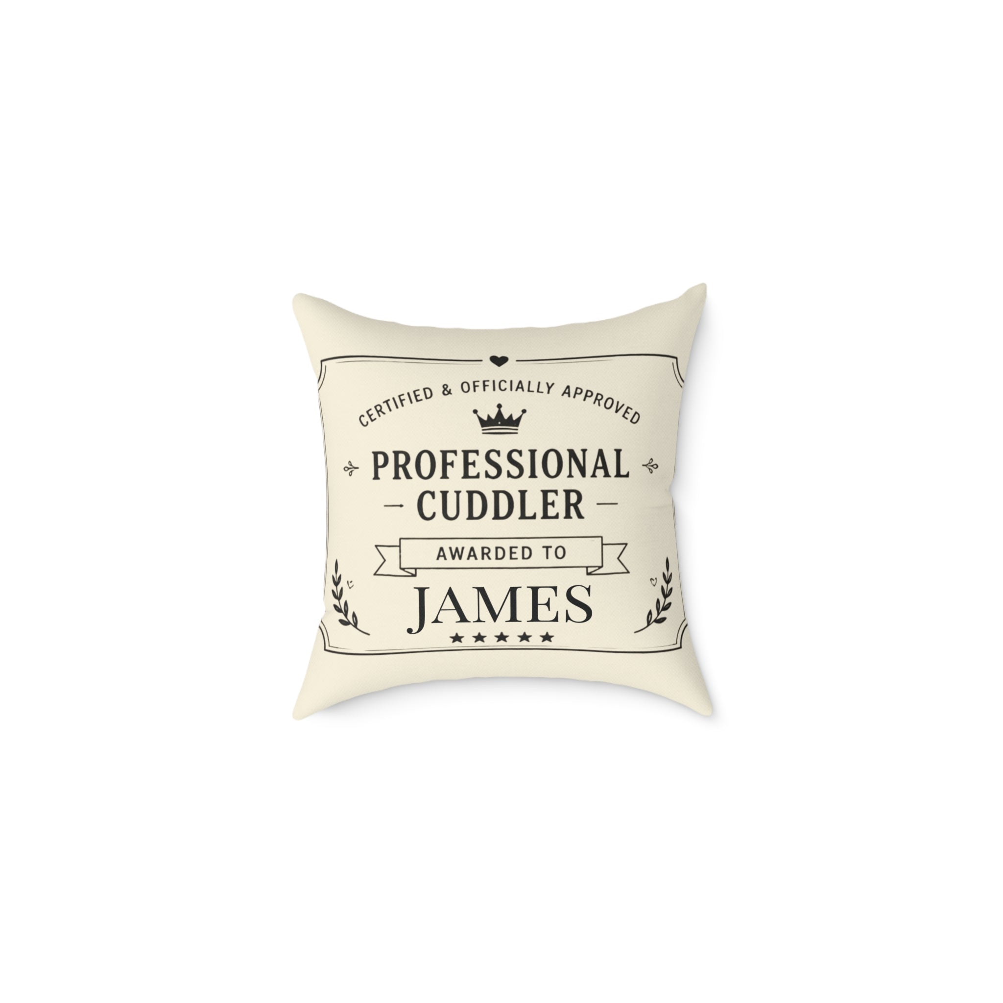 Personalized professional cuddler pillow with custom name on cream badge design