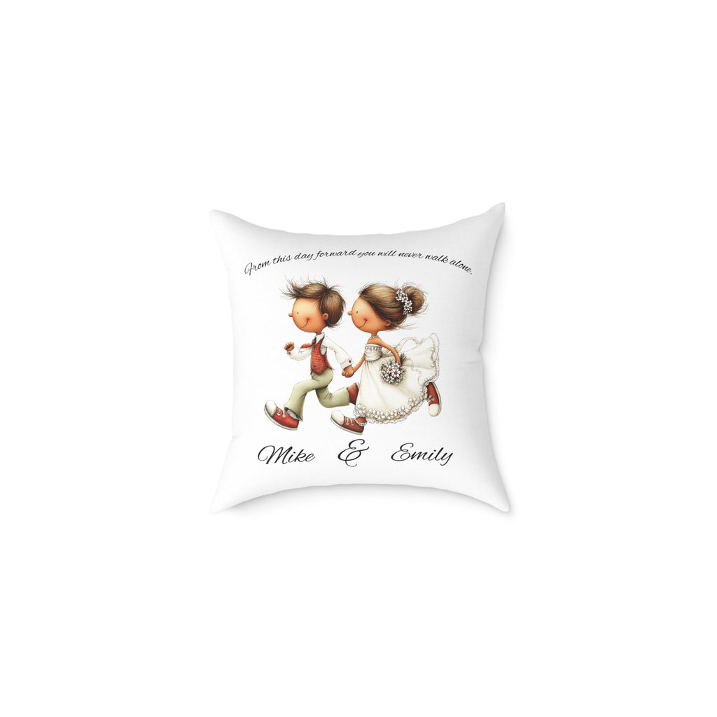 Personalized wedding couple pillow with bride and groom illustration and custom names
