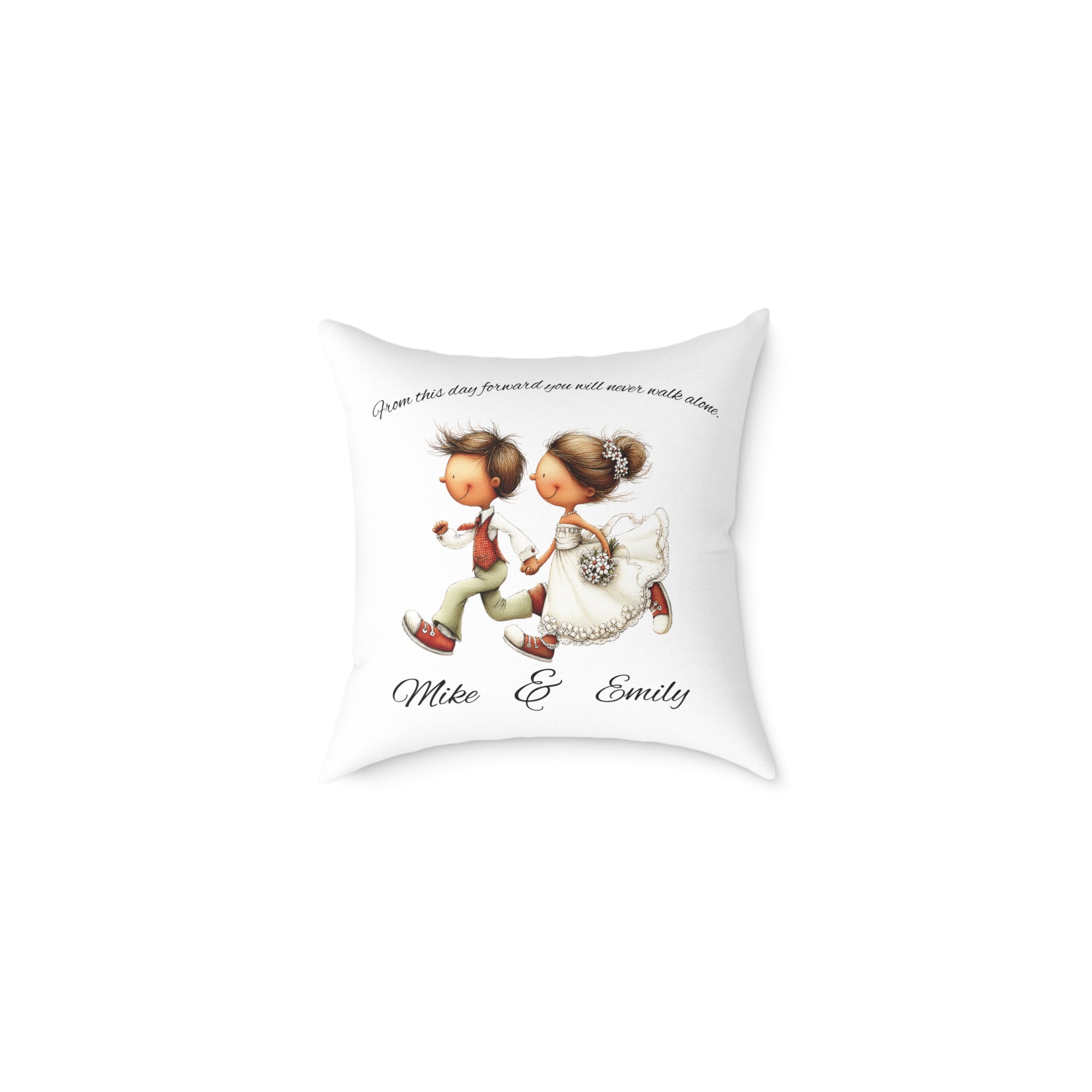 Personalized wedding couple pillow with bride and groom illustration and custom names